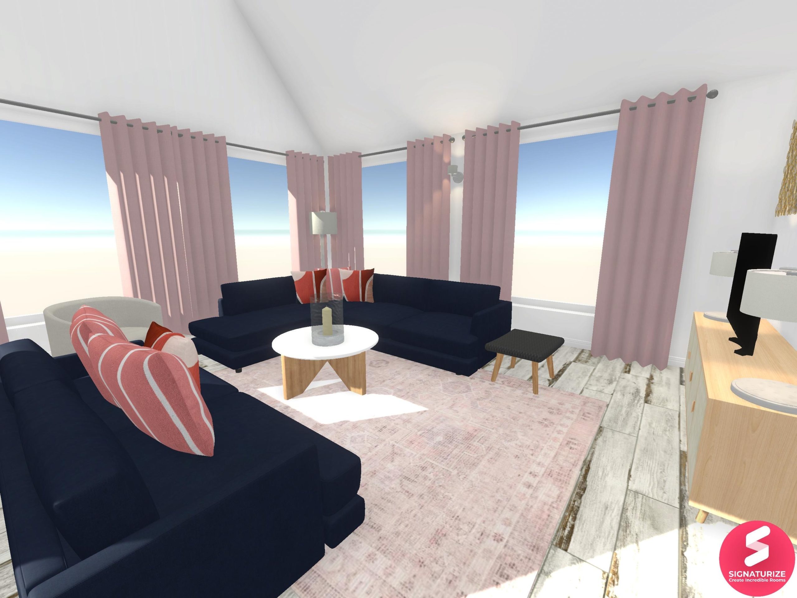 Blue Sofa and distressed flooring conservatory interior design complete