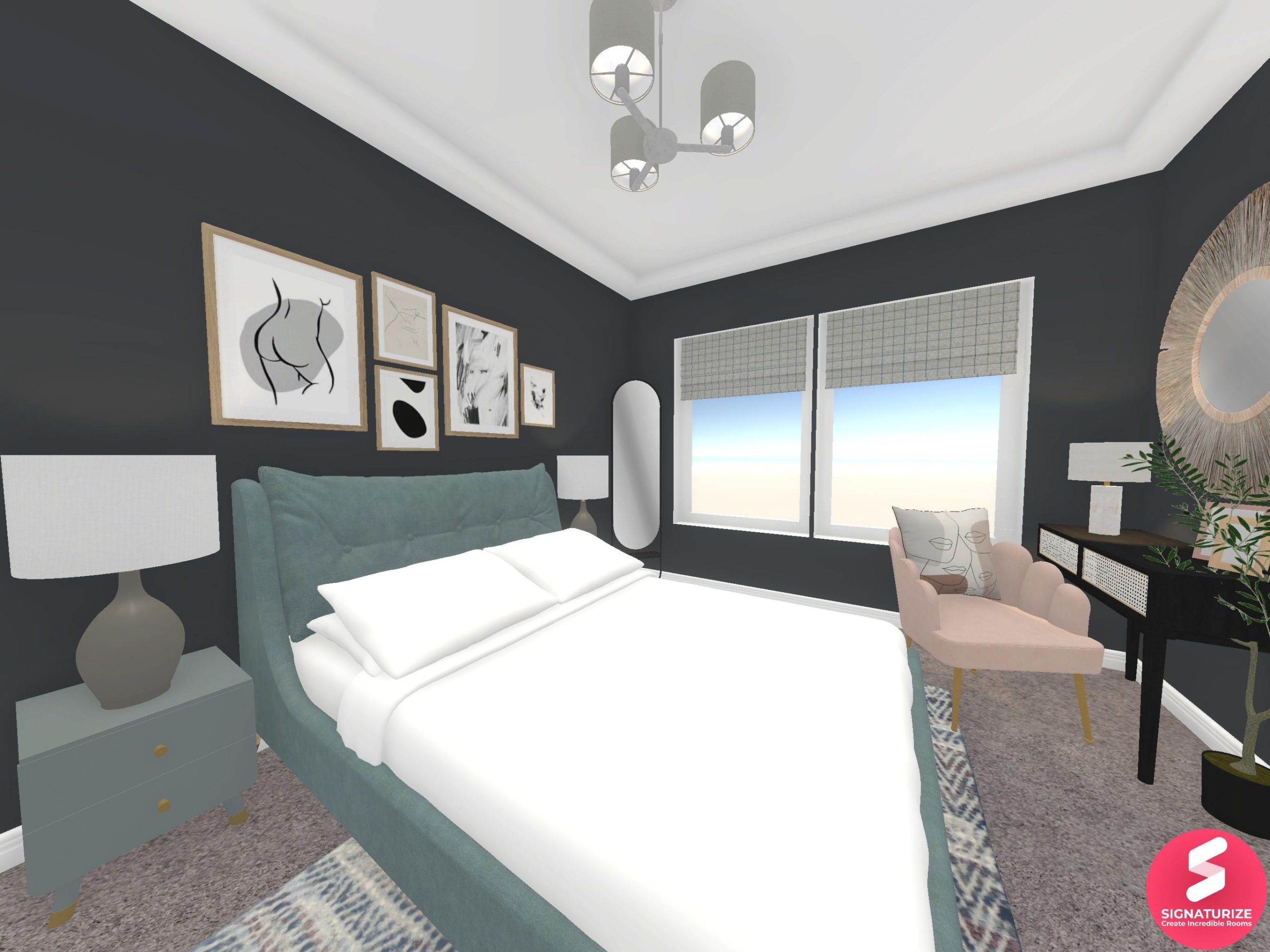 Taupe fabric Bed dark wall bedroom idea