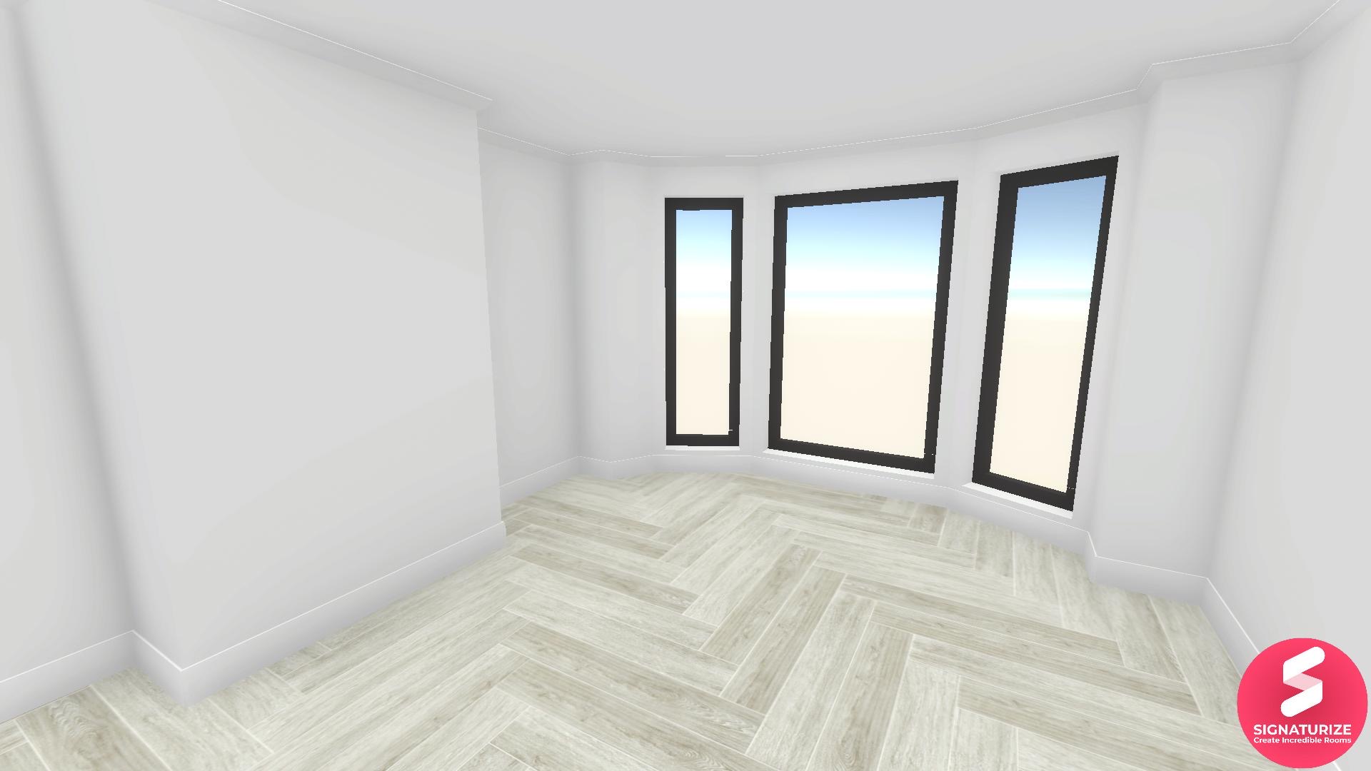 Empty room with white floor and black windows