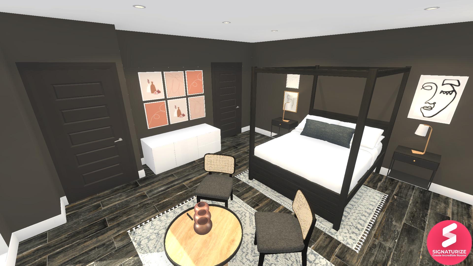 Dark Bedroom Idea with Black 4 poster bed & Rattan Seats