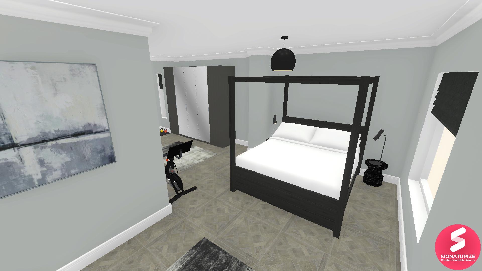 Grey Bedroom with Four Post bed in black with Gym