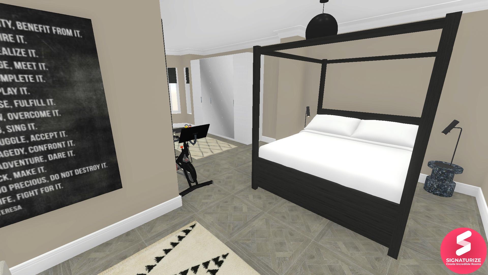Beige Bedroom with 4 post bed and gym equipment