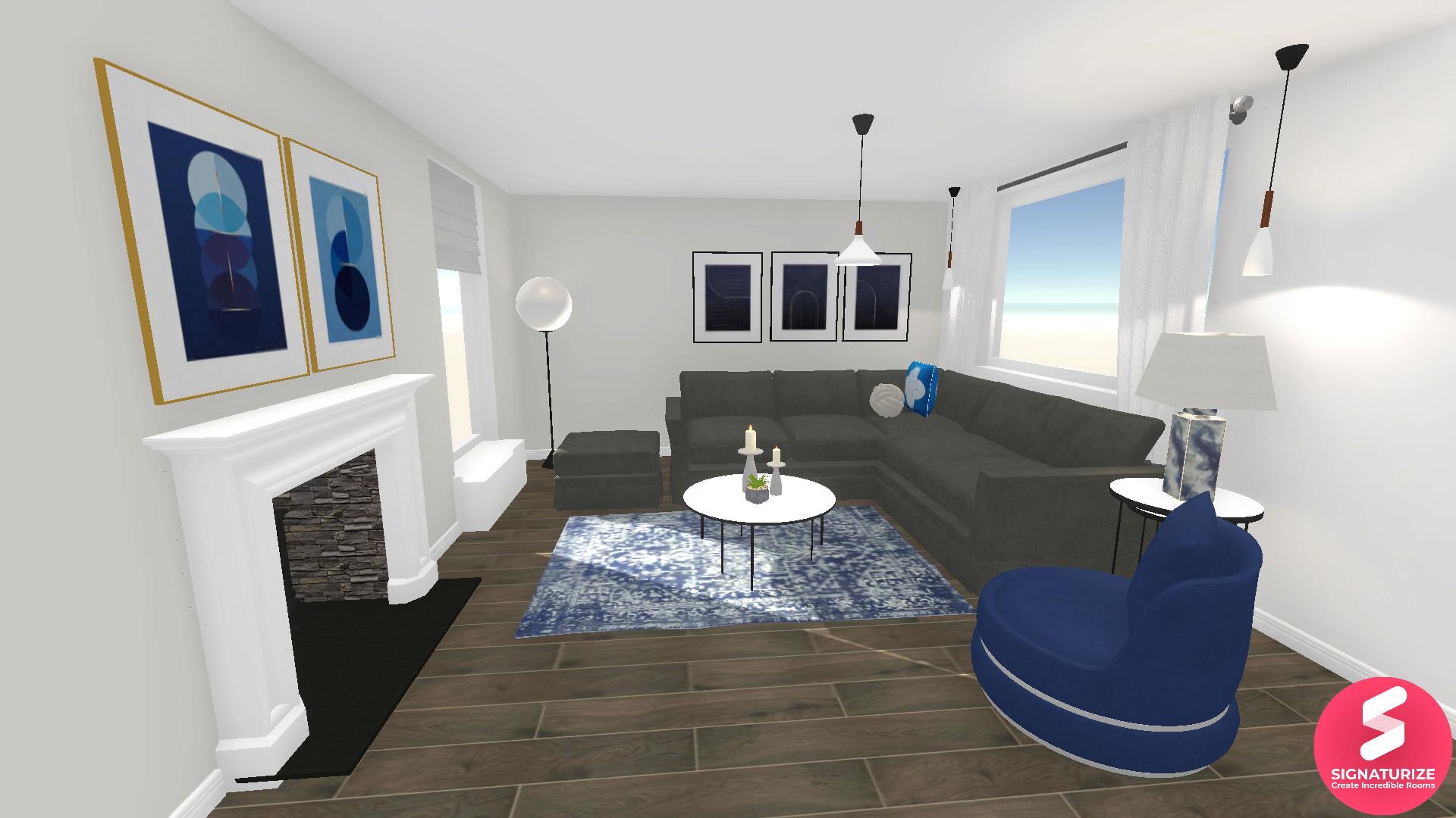 Contemporary living room with grey corner sofa & circular coffee table