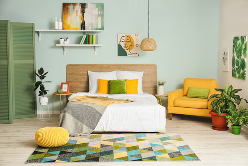 Bright yellow and green bedroom