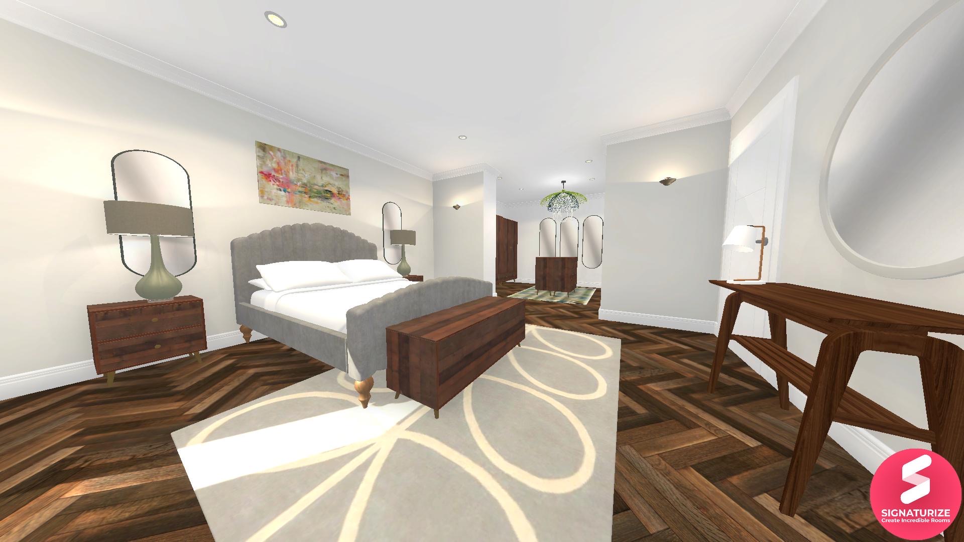 Neutral wall colours, grey bed, walnut parquet flooring & ornate armchair