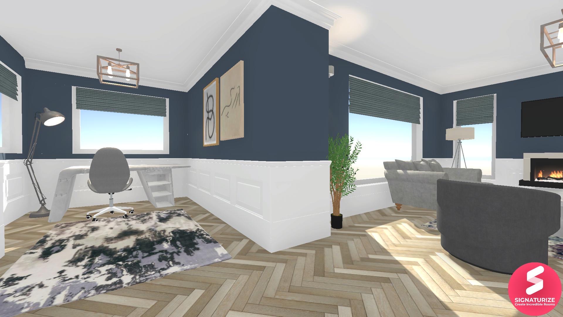 Contemporary living room idea with blue and grey contemporary rug, herring bone floor