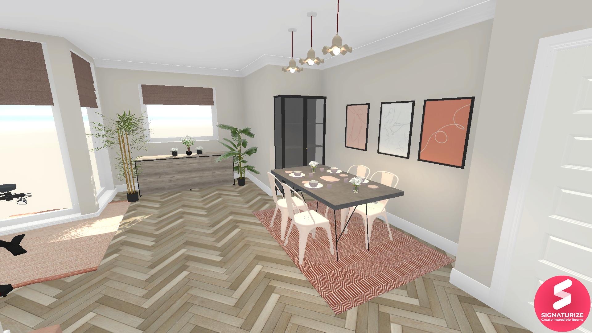 Dining Room Idea with Pink rug & Herringbone Flooring