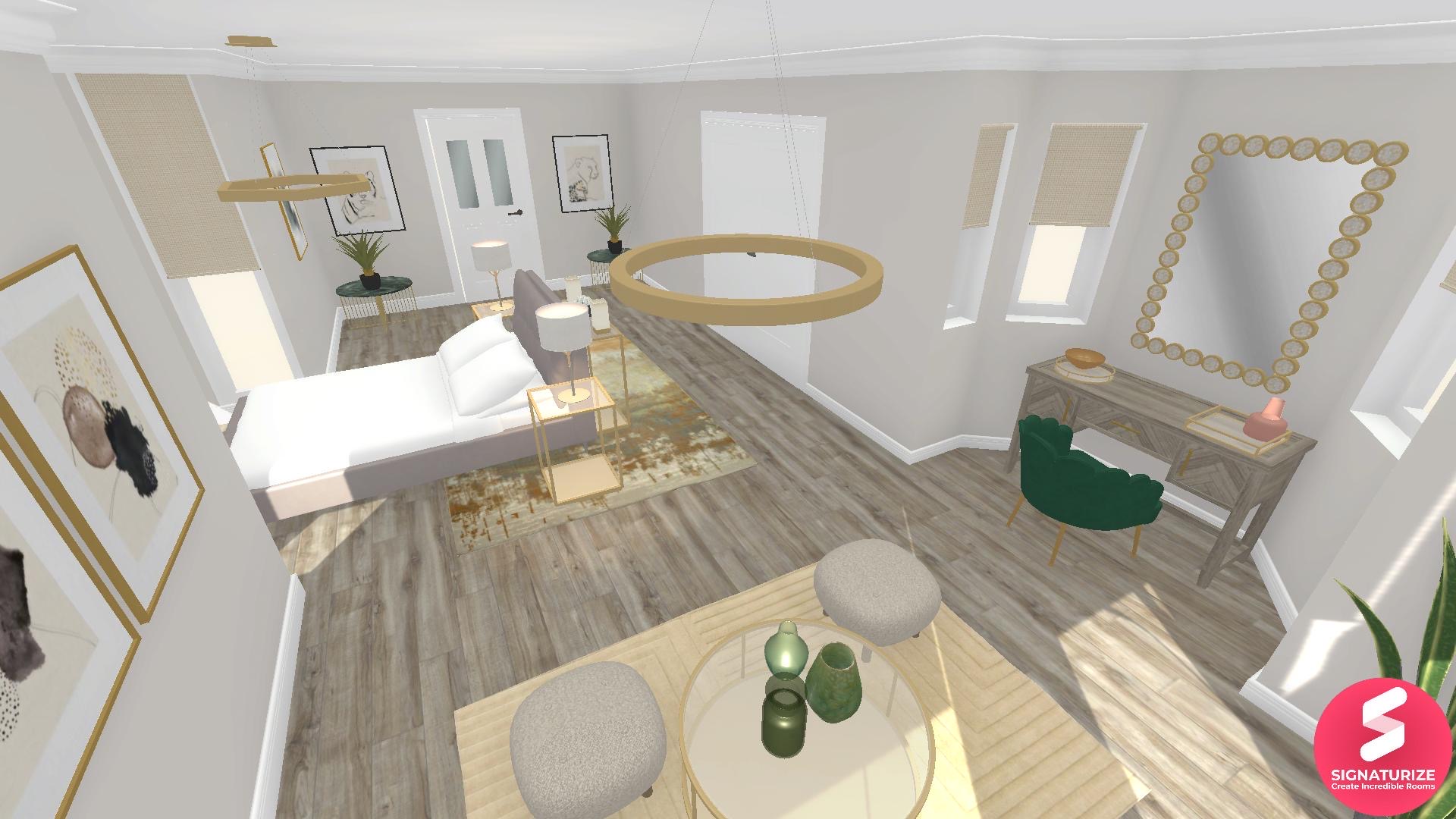 Art Deco bedroom Idea with circular gold lights and coffee tables
