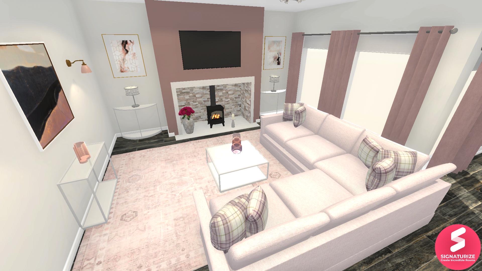 Pink Art Deco Living Room idea with Pink Corner Sofa & Pink Distressed Rug