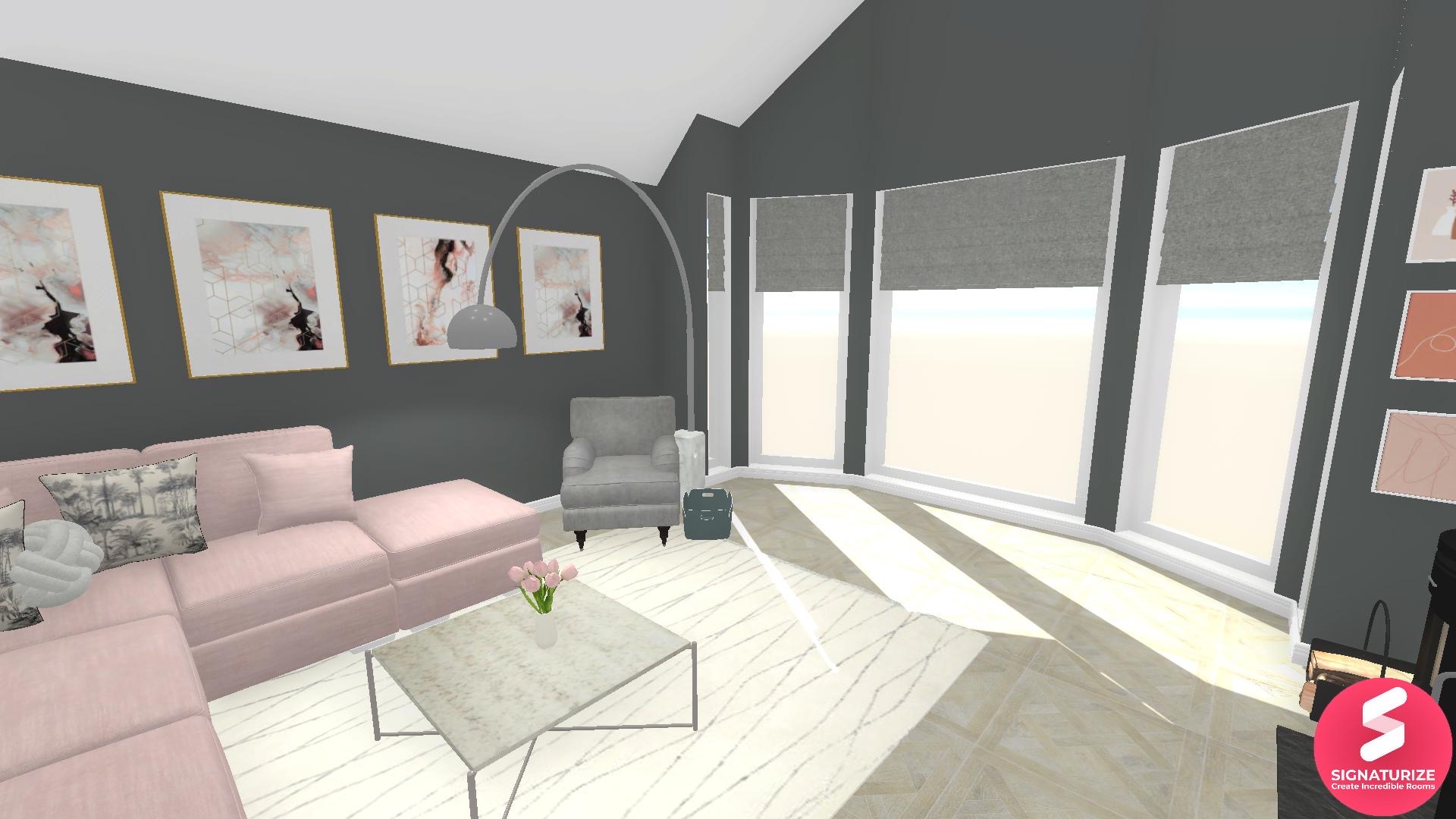 Dark Living room idea with pink corner sofa