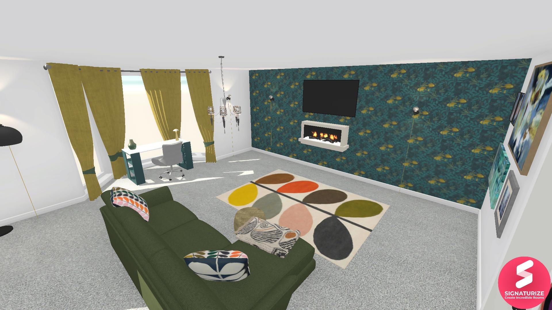 green living room idea, Electric fireplace below tv, green wallpaper, green chaise corner sofa & flower rug