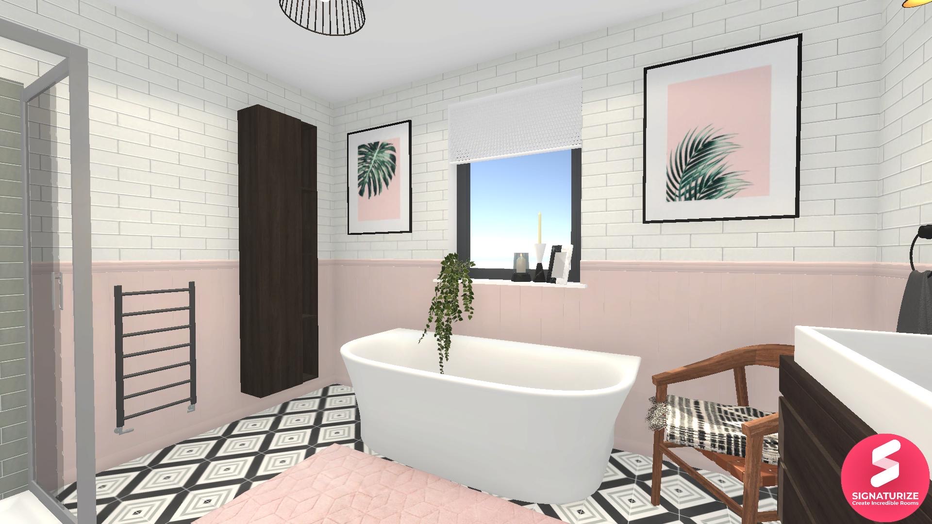 Pink vintage bathroom with art deco style & wall panelling