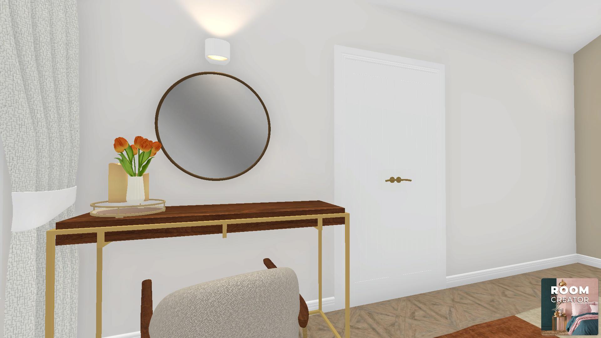 Japandi Mid Century Bedroom showing dresser table round mirror and decorative flowers & wall light New bedroom design in app