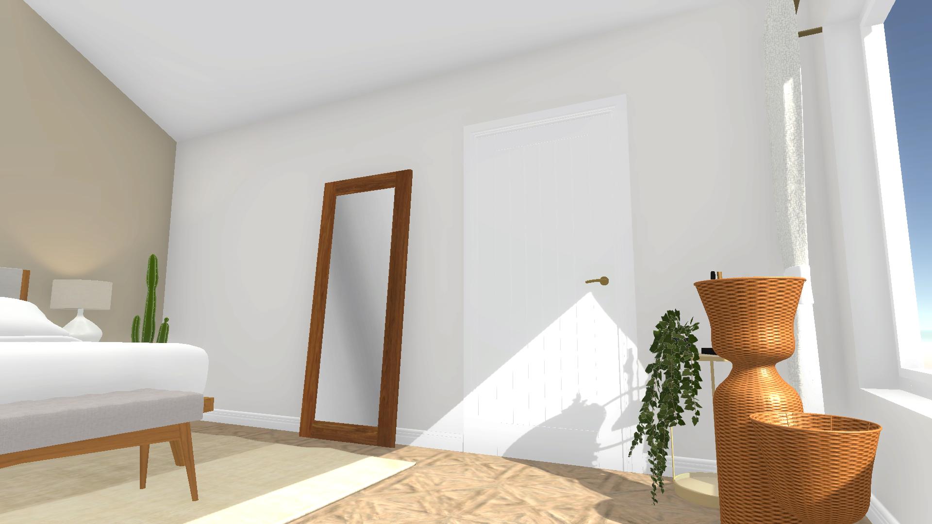 Japandi Mid Century Bedroom with large mirror and shaped woven baskets Amtico flooring bedroom design
