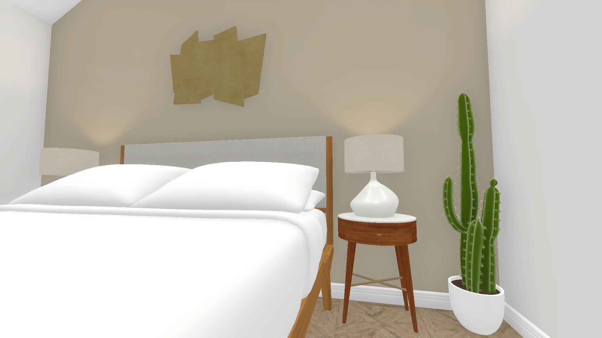 Japandi Mid Century Bedroom with marbled topped side tables and cactus Amtico flooring design