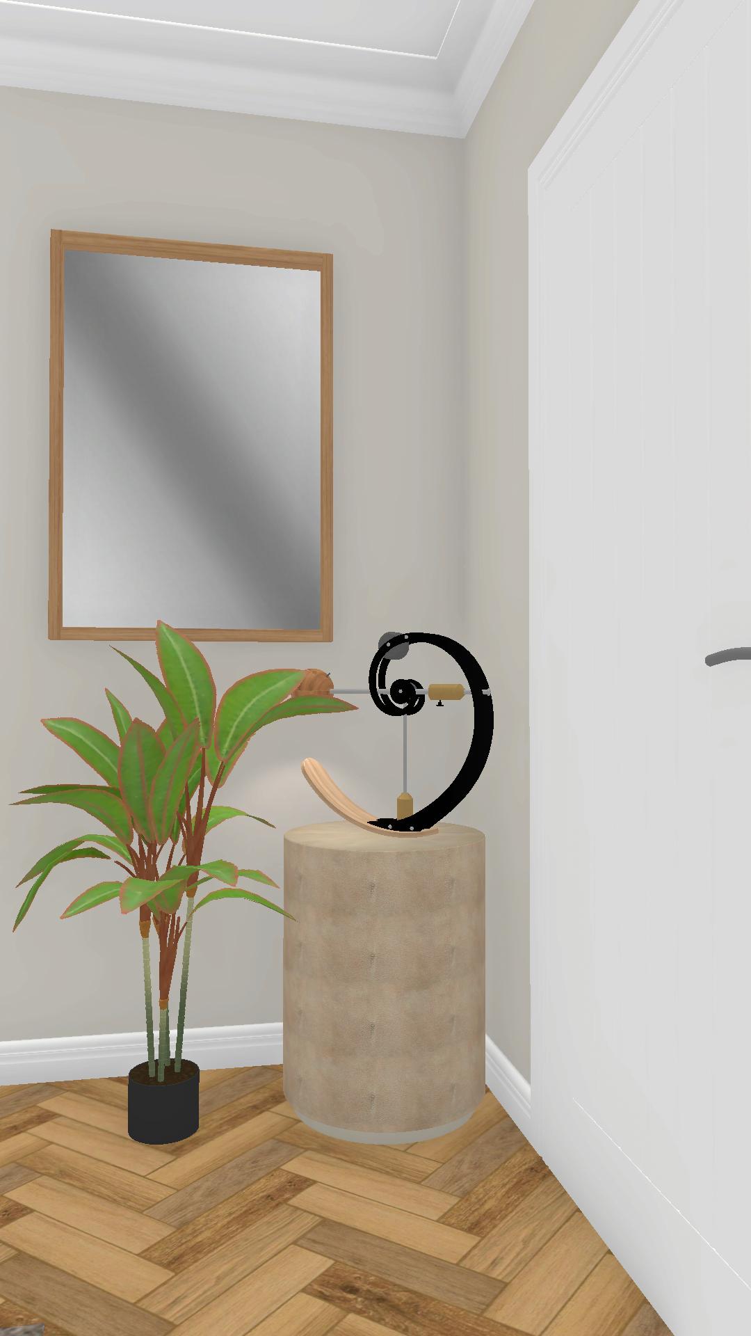 Intresting eco friendly table lamp under a rectangular wooden mirror & beside a plant eco friendly rugs