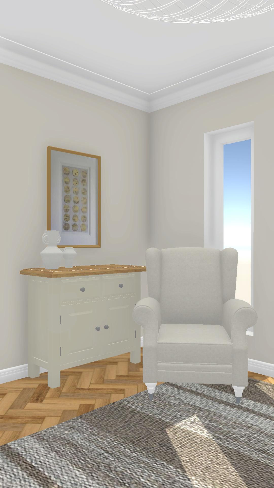 Living room storage ensemble and curvy armchair Sustainable rugs used in interior design