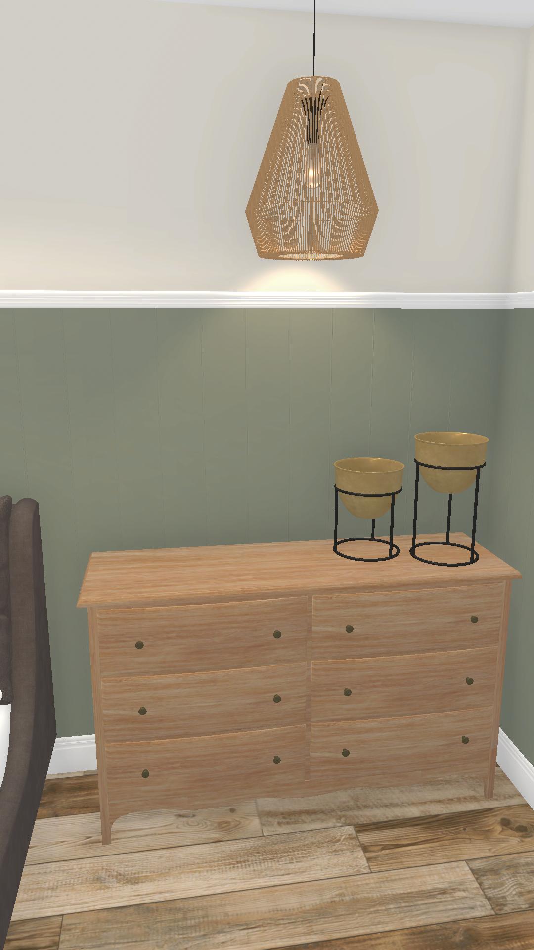 6 drawer chest of drawers with accessories on top under a ceiling lamp beside a green wall and picture rail natural relaxed bedroom interior
