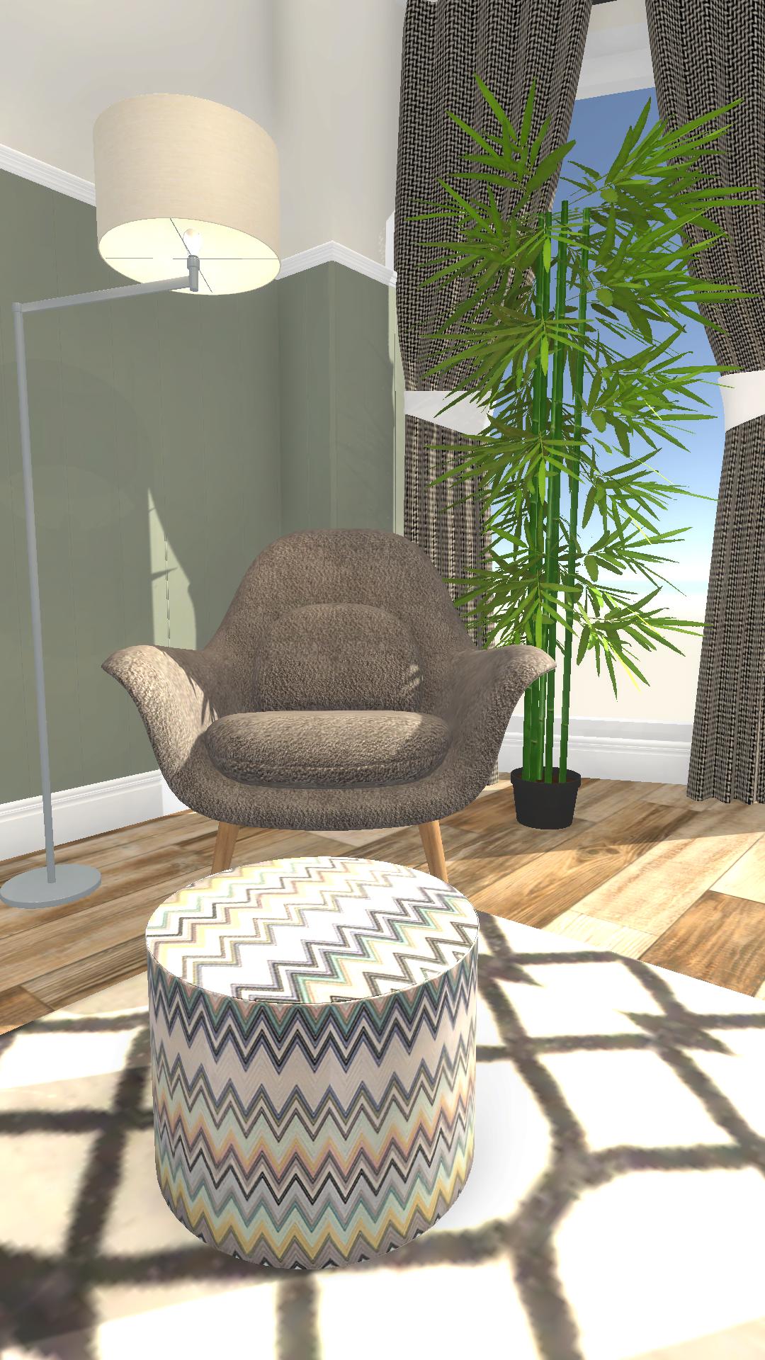 Accent chair floor lamp and puf beside a green wall and picture rail natural relaxed bedroom design
