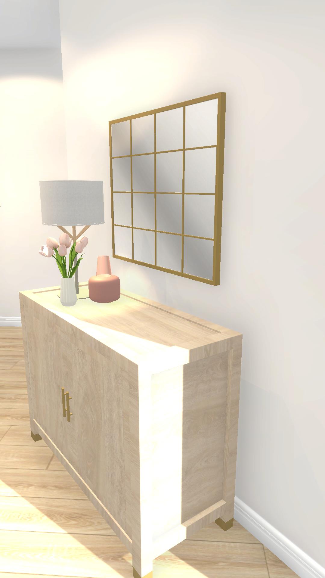 Sideboard under a gold grid mirror colour scheme change