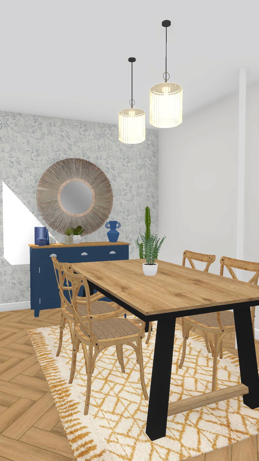 Dining room furniture beside a blue sideboard in-front of blue floral wallpaper resting on a chevron floor in a modern farmhouse living & dining room combo natural eco design